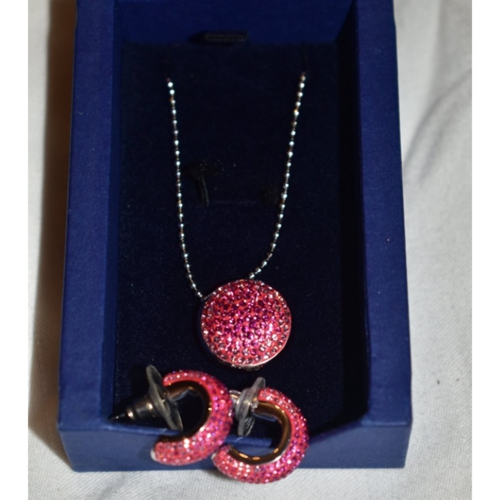 Swarovski Maggy Fuchsia Pendant Necklace and Hoop Earrings